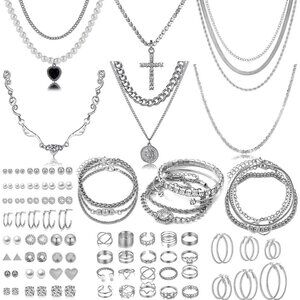 116 Pcs Silver Jewelry Set with 7Pcs Layered Necklace, 11 Pcs Bracelet and 22pcs